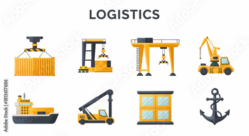 Logistics icons showing cargo handling equipment ship building and anchor