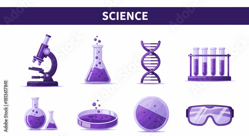 Purple icons of science equipment microscope flasks DNA test tubes petri dishes and goggles