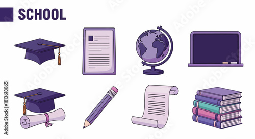 Set of eight purple and white school and graduation icons arranged in two rows