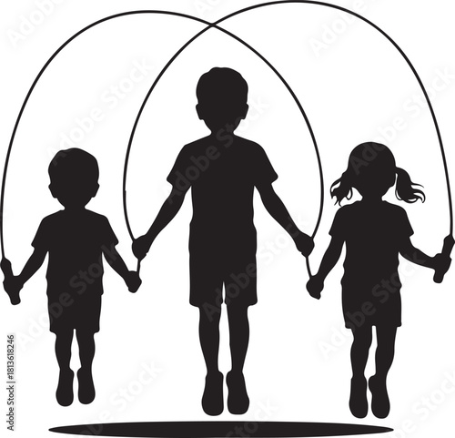 Children skipping rope together, three kids playing jump rope as a team, silhouette vector illustration showcasing unity, activity, and fun. Vector