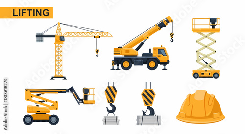 Yellow construction lifting equipment and safety gear illustrations on white