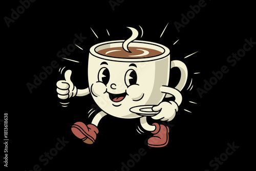 Retro Cartoon Coffee Cup Character Giving Thumbs Up.
