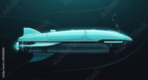 Sleek futuristic submersible craft illuminates deep dark ocean waters