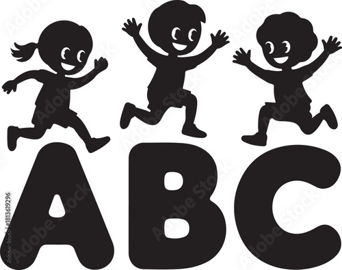 Silhouettes of three happy diverse children running and jumping over large abc letters, symbolizing early childhood education and playful learning. Vector