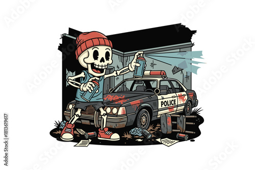 Skeleton wearing a beanie and hoodie spray painting a police car