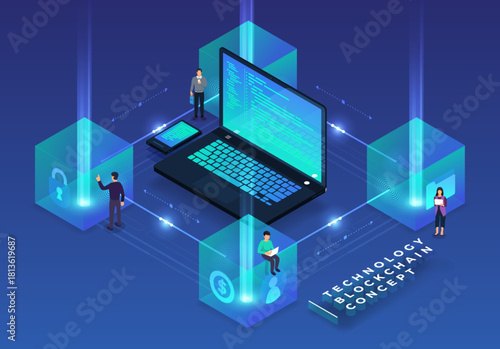 Isometric Blockchain Technology Concept Vector: Decentralized Network, Data Security, and Digital Transaction