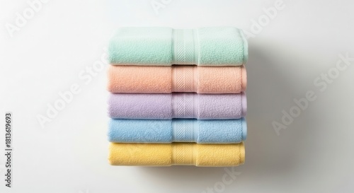 Stack of neatly folded, pastel colored, absorbent linens rests against a plain bright background