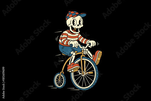 Skeleton riding a vintage bicycle with a striped shirt and cap.