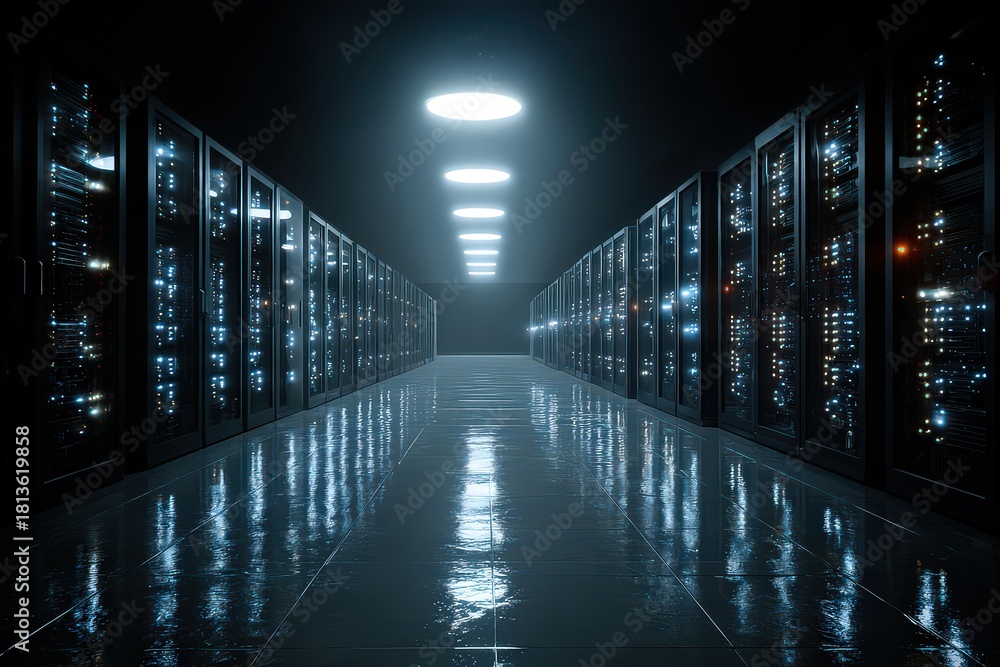 Fototapeta premium Data Center Server Room Interior with Illuminated Servers in a Dark Environment