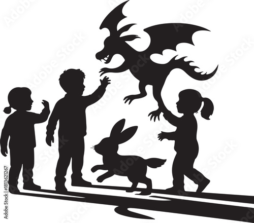 A group of children's silhouettes interacting with a flying dragon and a running rabbit, illustrating imagination and fantasy. Vector
