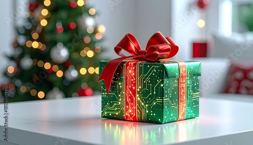 Tech-themed green gift with red ribbon near Christmas tree