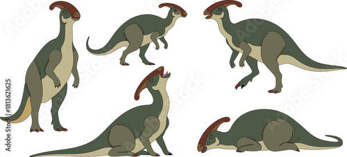 Parasaurolophus dinosaurs in various poses on white background.