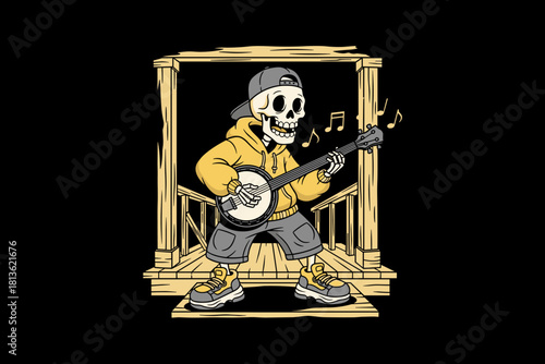 Skeleton Musician Playing Banjo on Porch.
