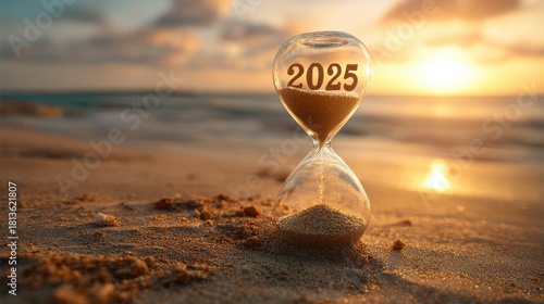 hourglass on beach with 2025 sand falling to 2026 at sunset representing passage of time new year