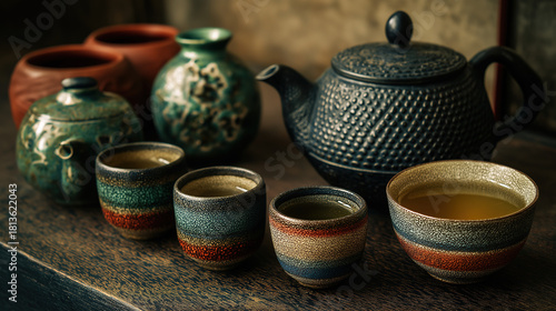 Traditional-style tea set with patterned teapot and striped cups, antique elegant tea-drinking scene display