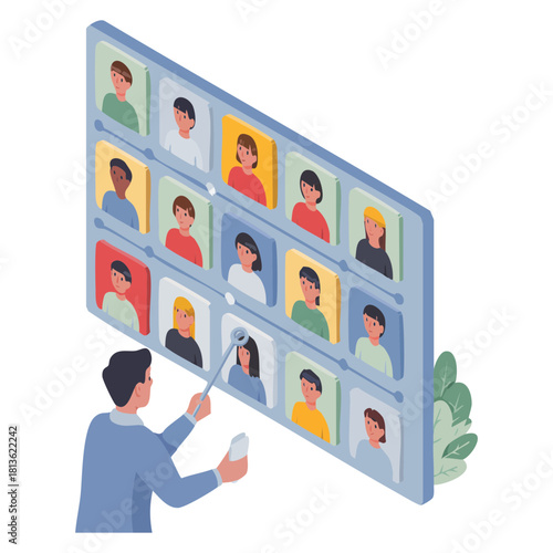 A person conducting a virtual meeting or online class, pointing at a large screen displaying multiple video call participants in a grid layout.