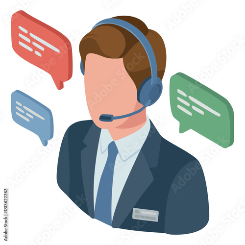 Isometric illustration of a customer service representative wearing a headset with speech bubbles, symbolizing communication and support.