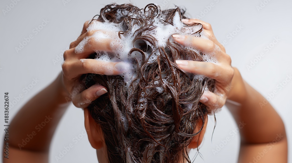 Naklejka premium A woman vigorously washes her hair, creating rich, foamy shampoo suds against a neutral background for a clean look.