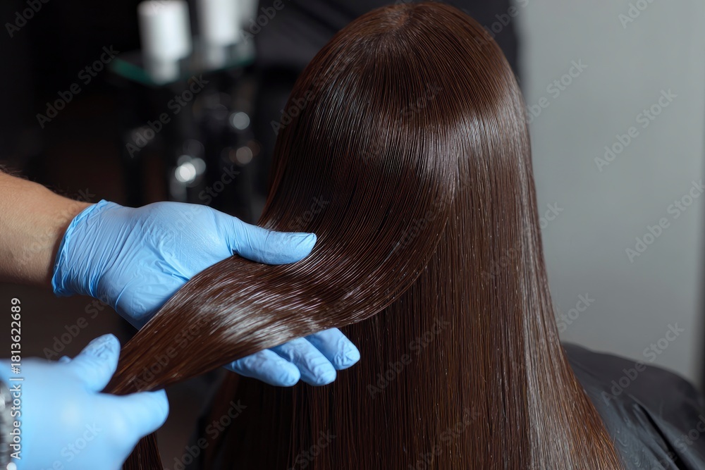 Fototapeta premium Glossy brown straightened hair is held in bluegloved hands Focus is on the hair