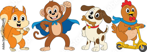 Superhero cartoon animals vector illustration, cute monkey, happy dog, funny squirrel, chicken on scooter, kids design, mascot, animation artwork