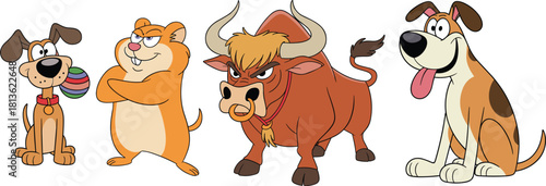 Funny cartoon animals vector illustration, cute dogs, smiling hamster, strong bull, adorable pets collection for kids design, mascot, animation, artwork