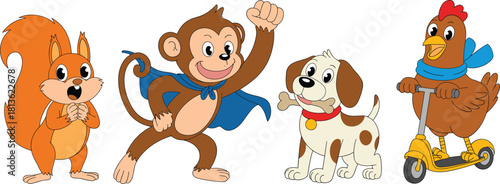 Superhero cartoon animals illustration, cute monkey, playful dog, funny chicken on scooter, adorable squirrel, kids vector design, mascot, animation artwork
