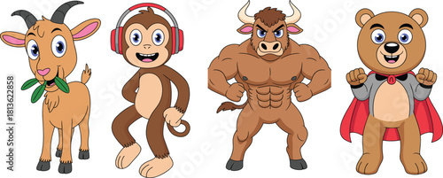 Funny cartoon animals collection, cool goat, monkey with headphones, strong muscular bull, superhero bear, vector mascot design, kids illustration art
