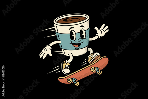 Retro Coffee Cup Character Riding a Skateboard with a Happy Expr