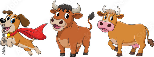 Cute cartoon superhero dog bull and cow characters, funny farm animal vector illustration for kids story and learning design