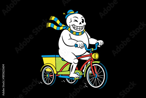 Skeleton character riding a tricycle with a scarf and hat.