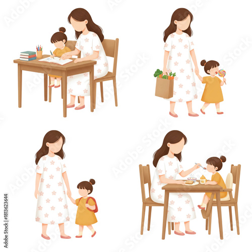 Mother's Day Bundle Edition #2—Study, Shopping, Go to School, and Eat in the Dining Room. Crayon Illustration. Design Element. Clip art. Suitable for artwork design.