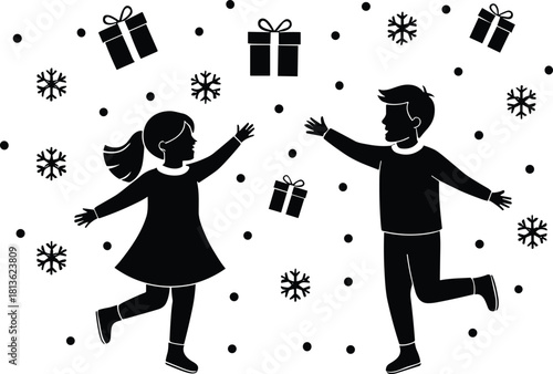 Christmas children silhouette illustration, winter holiday kids playing, festive gifts and snowflakes background, joyful seasonal design, cute playful characters celebrating wintertime