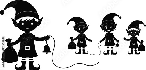 Christmas elf silhouettes holding bags and bells, festive holiday characters illustration, cute Santa helpers, winter celebration design elements, playful seasonal vector artwork