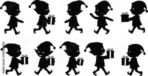 Christmas elf silhouettes walking with gifts, festive holiday elves carrying presents, cute Santa helpers vector design, winter celebration illustration, black silhouette artwork
