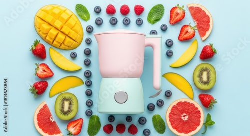 Small kitchen appliance surrounded by colorful fresh fruit arranged on a light blue surface