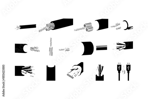 vector set of Electrical wire conductors icons set. Different types of electrical wires and cables showing copper or fiber optic cores for power and data transmission