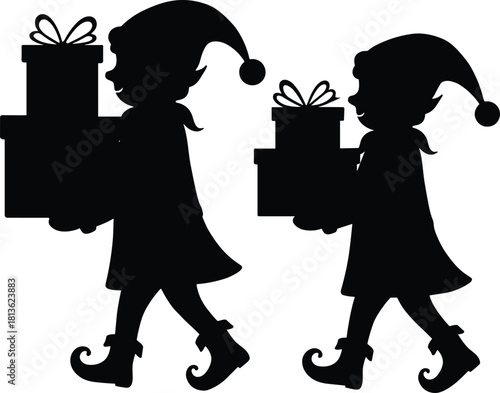 Christmas elves carrying stacked gift boxes silhouette illustration, festive holiday helper characters walking with presents, winter seasonal design for decoration, greeting cards, and artwork