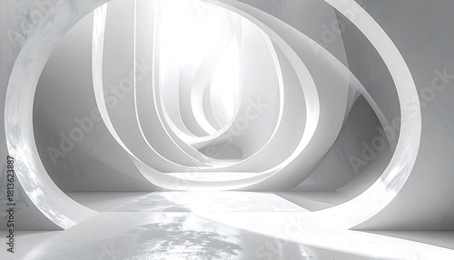 Fototapeta Naklejka Na Ścianę i Meble -  Abstract tunnel with white arcs, bathed in radiant light, creates a surreal, futuristic, and visually intriguing space