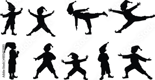 Christmas elves dancing silhouette collection, festive holiday elf poses vector, Santa helper illustration, cheerful Christmas character design, winter celebration art for decoration