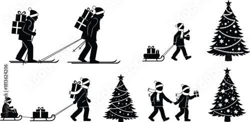 Christmas winter silhouettes of people skiing, pulling sleighs with gifts, walking with presents, and decorated Christmas trees, festive holiday season illustration elements