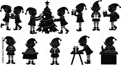 Cute Christmas elves decorating tree and wrapping gifts, festive holiday illustration with cartoon elves, Christmas celebration scene, Santa helpers preparing presents