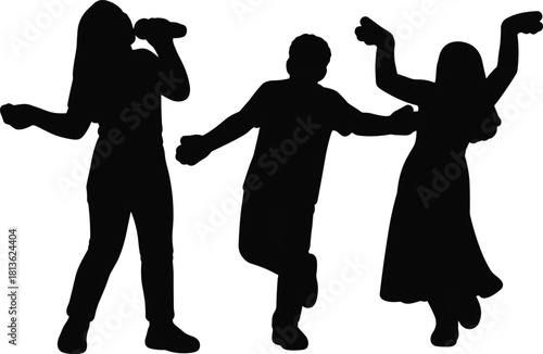 Dancing silhouettes of people, energetic party dance poses, celebration movement illustration, joyful group activity artwork, black vector figures for creative design and festive projects