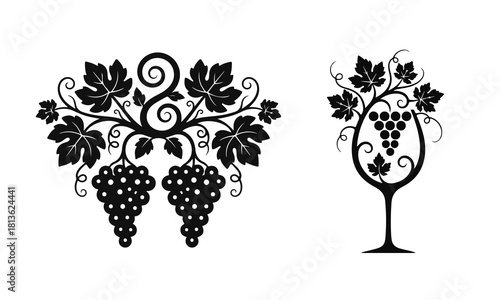 Elegant black grapevine forming a wine glass silhouette with leaves and grape cluster — wine glass, grape vine, wine emblem, vineyard design, grape logo