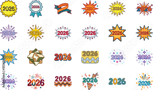 Colorful 2026 typography icons and festive celebration badges set – New Year 2026 decorative numbers, holiday labels, vibrant graphic elements collection for greeting cards, digital design and print t
