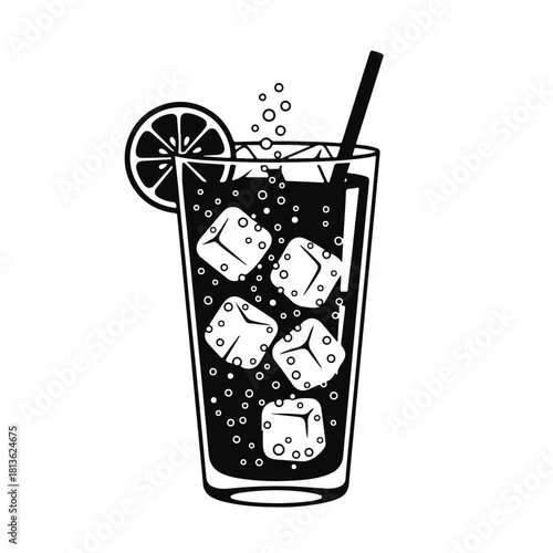 Glass of lemonade with ice cubes and lemon slice, refreshing summer drink vector art, citrus beverage, cool drink illustration, fresh lemon glass, summer refreshment