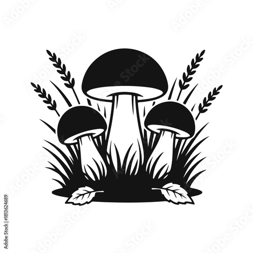 Mushrooms growing in grass black and white line art forest nature scene, wild mushrooms, forest plants, grass field, nature drawing, botanical sketch, mushroom cluster