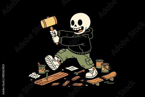 Skeleton character building with hammer and wood.