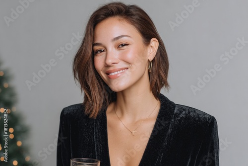 Smiling woman in elegant outfit celebrates festive season with d
