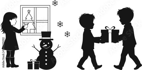 Silhouette children celebrating winter holidays, girl decorating window, snowman with gift, boys exchanging present, festive season scene, Christmas illustration, playful winter moment, holiday joy