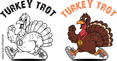 Turkey trot runner with medal Colour and Outline Vector	